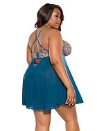 Romantic babydoll, straps over bust, lace cups, mesh skirt, plus size